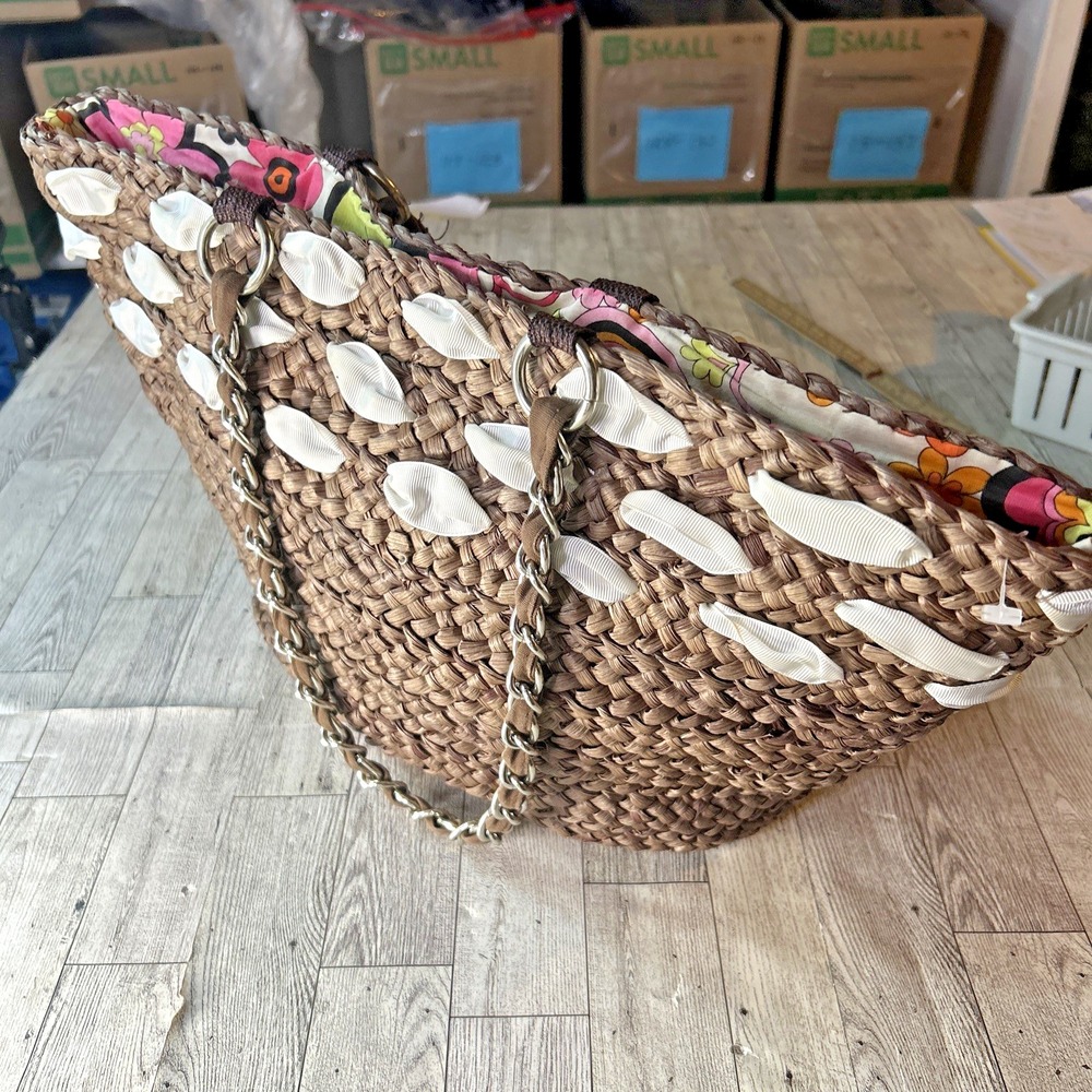 Raffia Bucket Tote Bag Boho Beach Vacation Travel Straw Shell Bow Medium - Picture 4 of 16